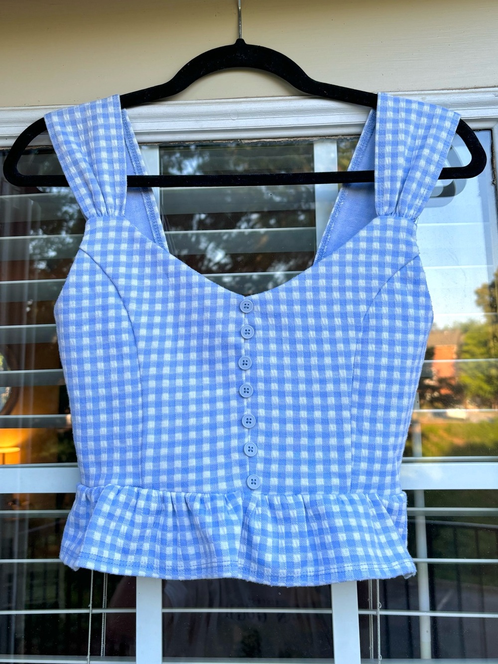 Forever 21 Periwinkle Gingham Button-Front Peplum Top